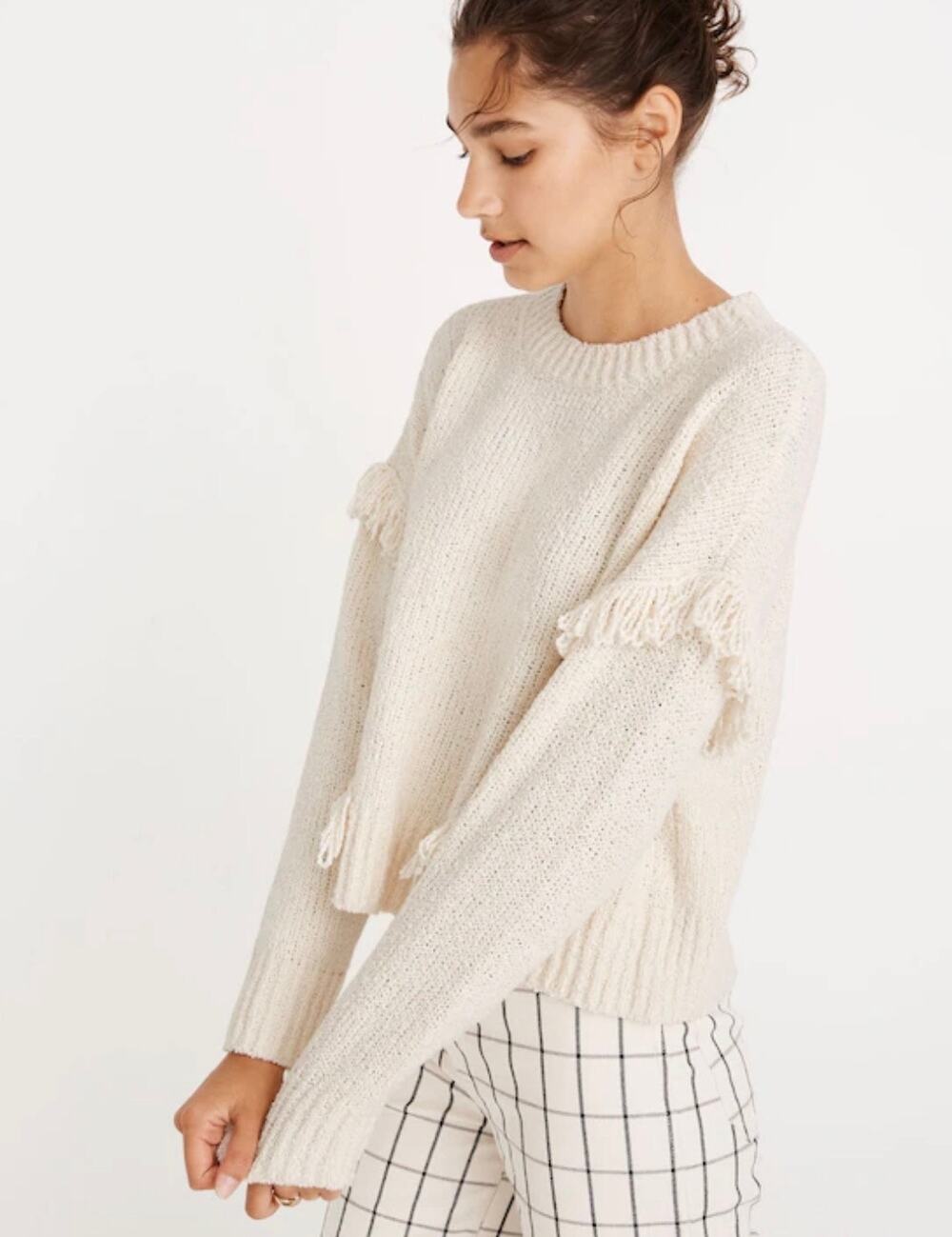 Madewell Montford Fringe Cream Sweater Pullover Boho cotton blend size Large